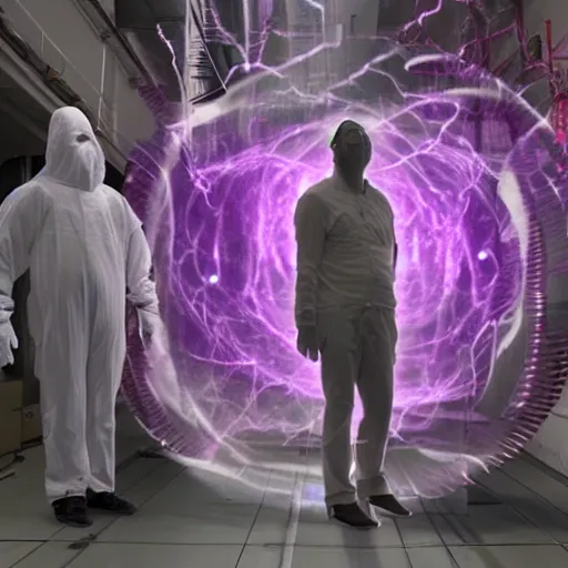 Prompt: photo of ghostly apparitions emerging from the first successful fusion generator