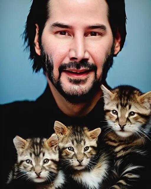 Prompt: “ head and shoulders glamour portrait of keanu reeves smiling at the camera and cradling a half dozen kittens in his arms, pastel colored background, high quality photo, photography, dreamy, 8 k, hd, hdr ”