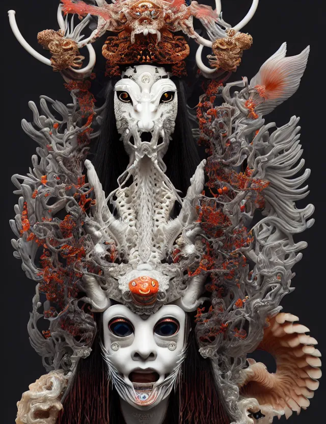 Image similar to 3 d goddess of hell close - up profile portrait with ram skull. beautiful intricately detailed japanese crow kitsune mask and clasical japanese kimono. betta fish, jellyfish phoenix, bio luminescent, plasma, ice, water, wind, creature, artwork by tooth wu and wlop and beeple and greg rutkowski