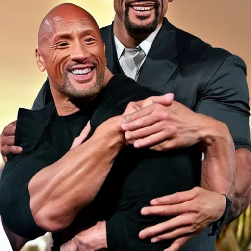 Prompt: dwayne johnson holding will smith