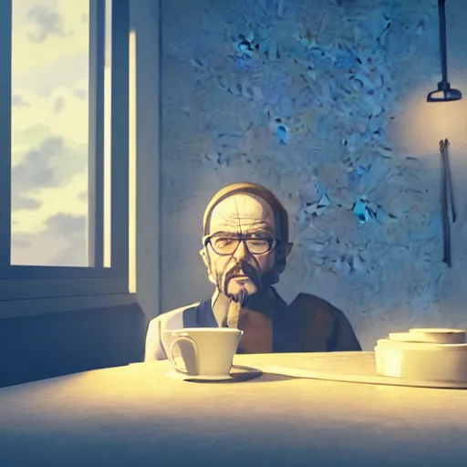 Prompt: nighttime, a beautiful anime walter white enjoying a cup of tea while sitting in a reclining chair, anime, extreme detail, photorealism, octane render, cinematic lighting