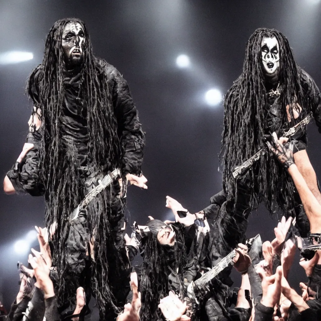 Prompt: Kanye West wearing corpse paint, performing in black metal concert