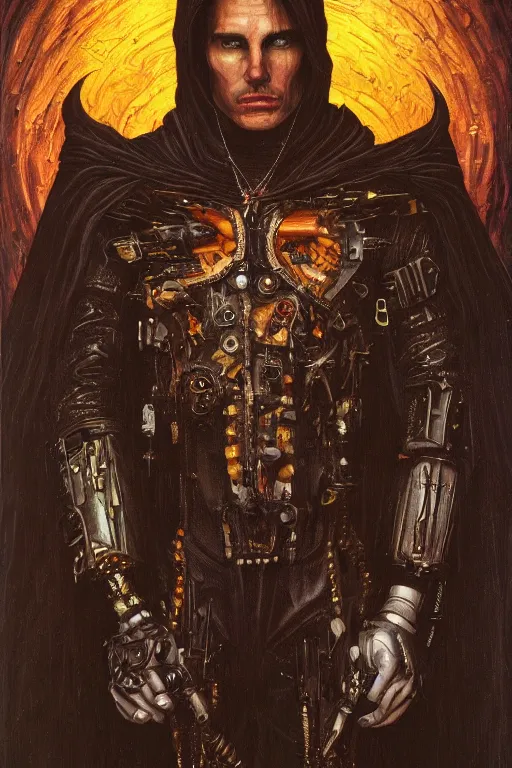 Prompt: portrait of demonic gothic Tom Cruise holy priest, cyberpunk, Warhammer, highly detailed, artstation, illustration, art by Gustav Klimt