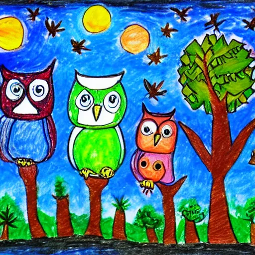Image similar to childrens drawing of life the universe owls and trees,