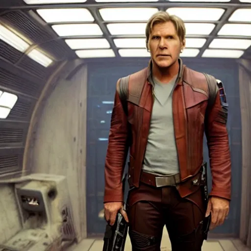 Prompt: film still of 30 year old Harrison Ford as Star Lord in Guardians of the Galaxy