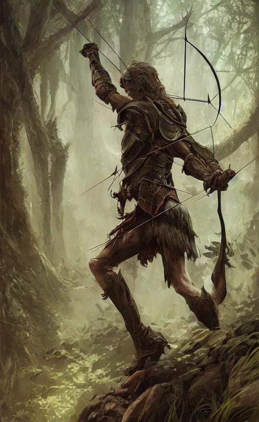 Image similar to portait of elven archer shooting arrow at forest monster, front game card, drark, marvel comics, dark, intricate, highly detailed, smooth, artstation, digital illustration by ruan jia and mandy jurgens and artgerm and wayne barlowe and greg rutkowski and zdislav beksinski