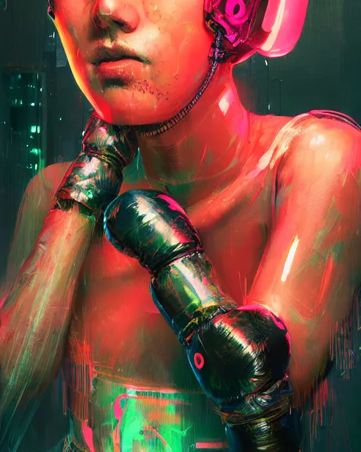 Image similar to detailed portrait Neon boxer Girl, cyberpunk futuristic neon, reflective crop top and shorts, boxing gloves, decorated with traditional Japanese ornaments by Ismail inceoglu dragan bibin hans thoma greg rutkowski Alexandros Pyromallis Nekro Rene Maritte Illustrated, Perfect face, fine details, realistic shaded, fine-face, pretty face