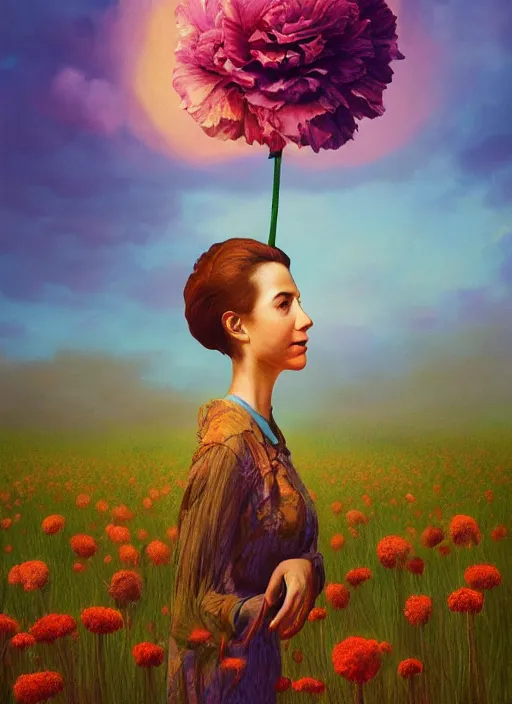 Image similar to portrait of a woman, face made of giant carnation, flower field, surreal photography, sunset dramatic light, impressionist painting, colorful clouds, large sky, digital painting, artstation, simon stalenhag