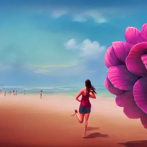 Image similar to portrait, giant rose flower head, woman running at the beach, surreal photography, sunrise, blue sky, dramatic light, impressionist painting, digital painting, artstation, simon stalenhag