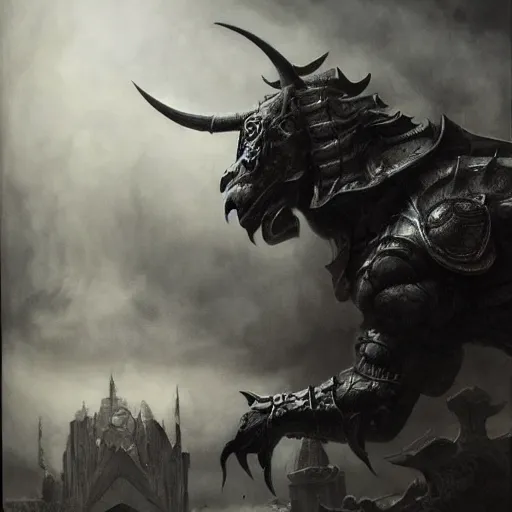 Prompt: By Tom Bagshaw and Boris Vallejo, ultra realist soft painting of a warzone by night, Gothic armored Minotaur, horror, omnious sky, symmetry accurate features, very intricate details, black and white, volumetric light clouds