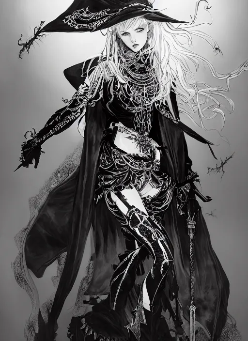 Image similar to beautiful human witch with blonde short curtly hair in intricate ornate witch robe, haughty evil look, witch hat. in style of yoji shinkawa and hyung - tae kim, trending on artstation, dark fantasy, great composition, concept art, highly detailed, dynamic pose.