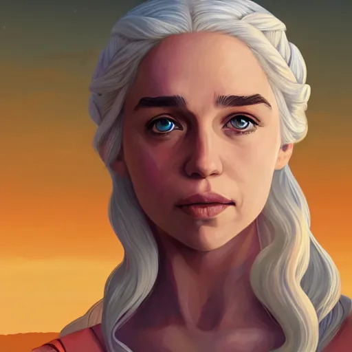 Image similar to portrait of daenerys targaryen from game of thrones, desert background, rich vivid colors, ambient lighting, dynamic lighting, 4k, HQ, official media, anime key visual, makoto shinkai, ilya kuvshinov, lois van baarle, rossdraws, detailed, trending on artstation