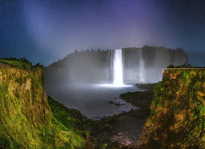 Image similar to a long capture photo of a magical waterfall, high cliff, night, stars in the sky