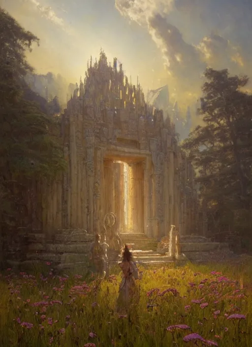 Image similar to giant castle temple megastructure in meadow by gaston bussiere, anna nikonova aka newmilky, greg rutkowski, yoji shinkawa, yoshitaka amano, moebius, donato giancola, geoffroy thoorens, trending on artstation, pixiv, cinematic composition, 8 k