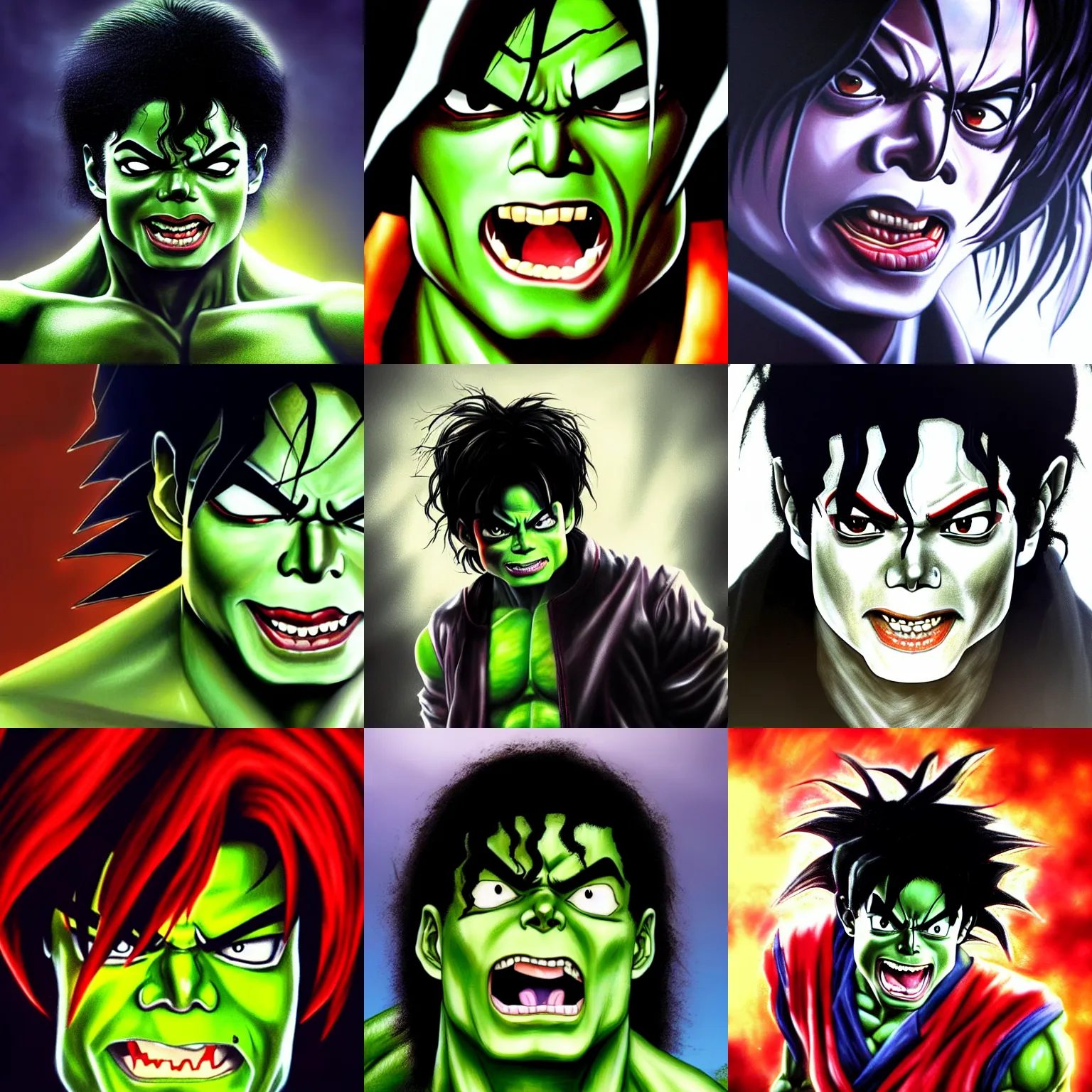 Prompt: michael jackson!!!! realistic dramatic !big face realistic close up concept art of michael jackson hulk as a dragon ball Z character,dark eye sockets, graveyard landscape at night , 4k anime character illustration by akira toriyama, artstation