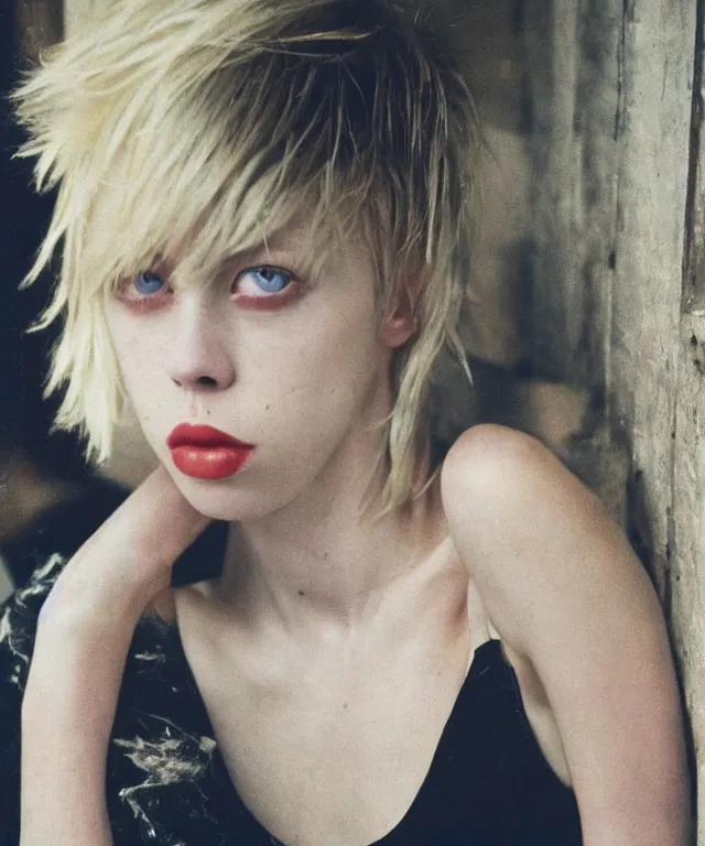 Image similar to a color photograph of edie campbell, bleached blonde short hair, by nan goldin, intense, bold, hyperrealistic, ultra sharp, extra details, ultra high quality, trending on pinteresst