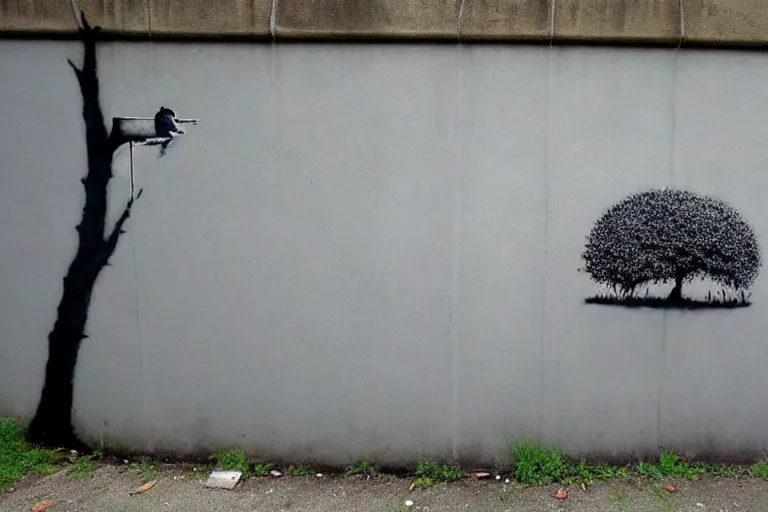 Prompt: wall painting, beautiful nature landscape, grey street wall, rule of thirds, art by banksy