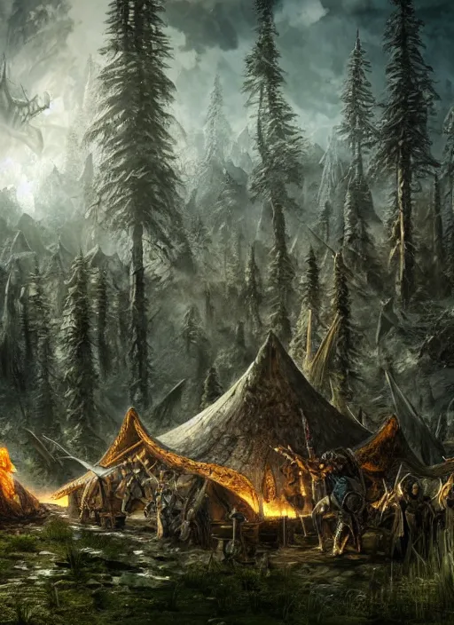 Image similar to bandit camp, ultra detailed fantasy, elden ring, realistic, dnd, rpg, lotr game design fanart by concept art, behance hd, artstation, deviantart, global illumination radiating a glowing aura global illumination ray tracing hdr render in unreal engine 5