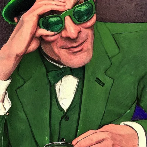 Prompt: man in green suit with green hat drinking tea, Wearing a purple undershirt, Wearing Shades, highly detailed, fantasy, D&D, by, Viktor Antonov