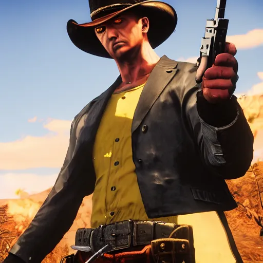 Image similar to an artistic portrait of one punch man holding gun in the red dead redemption 2 character art style, digital art, trending on artstation, behance, ray tracing x, wet reflections, unreal engine 5, intricate details, fantasy, hyper realism, humongous view, smooth, cinematic