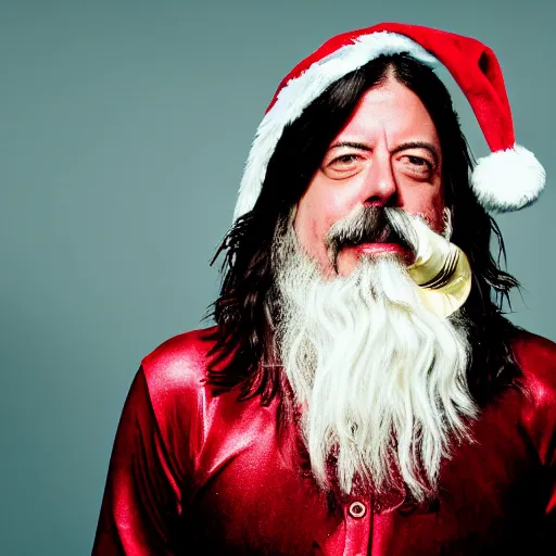 Image similar to portrait of dave grohl as santa claus, studio lighting, dramatic lighting, clear photography, high quality studio photography. 8 k cinematic colors