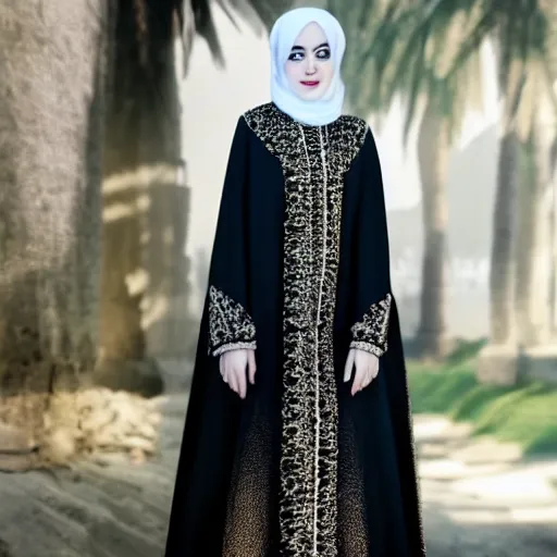 Prompt: A full body portrait of Emma Stone wearing Black Arabian Abaya, high quality, fully detailed, 4k, volumetric lightening