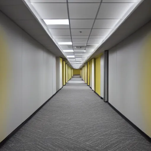 Image similar to liminal abandoned office hallways with walls and carpeting with a monochromatic tone of pale yellow, fluorescent lights, pale yellow walls, pale yellow carpet flooring, european office