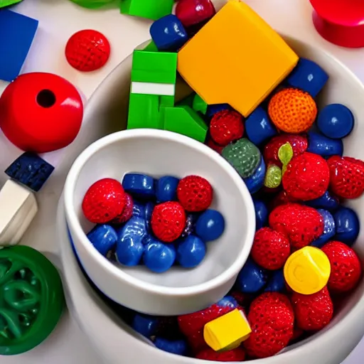 Image similar to A bowl of fruit is made of legos, studio lighting.