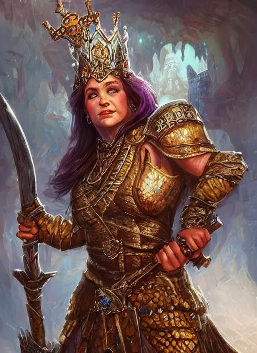 Image similar to dwarven queen wearing a crown, ultra detailed fantasy, dndbeyond, bright, colourful, realistic, dnd character portrait, full body, pathfinder, pinterest, art by ralph horsley, dnd, rpg, lotr game design fanart by concept art, behance hd, artstation, deviantart, hdr render in unreal engine 5