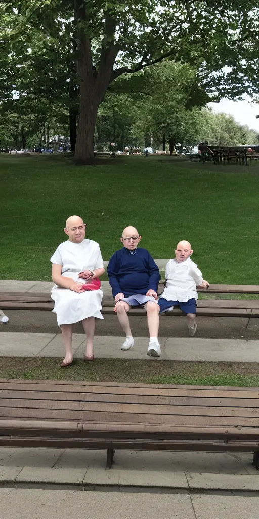 Image similar to In the park, bald old people in hospital gowns and bald children sitting on benches .