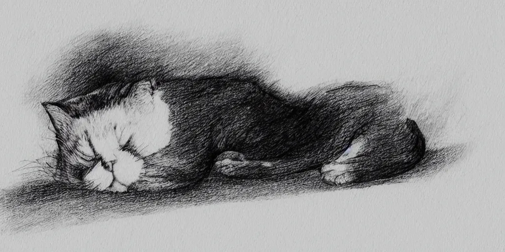 Image similar to ink lineart drawing of a sleeping cat, white background, etchings by goya, chinese brush pen illustration, high contrast, deep black tones, contour