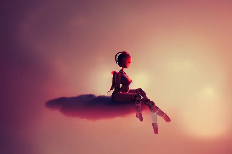 Image similar to a cute robot girl sitting on a cloud relaxing, misty, digital art, hazy, foggy, red lighting, ambient lighting, 8 k,