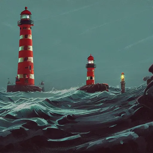 Prompt: lighthouse in a stormy sea, mechanic, robotic, abandoned, overgrown, cables, concept art by simon stalenhag