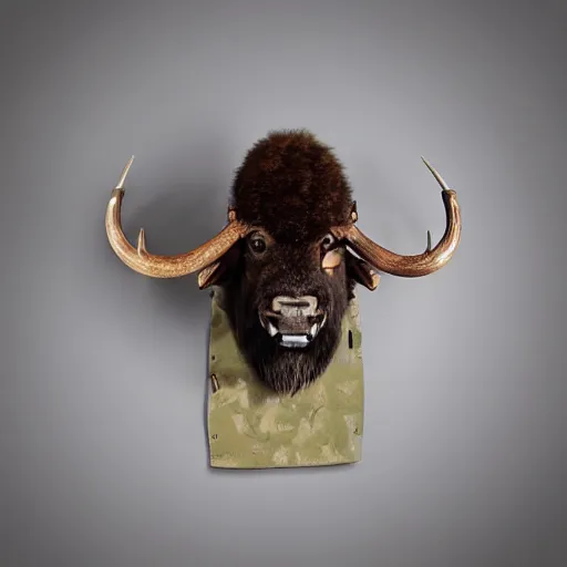 Image similar to hunting trophy bison head in vr helmet nailed to the wall,