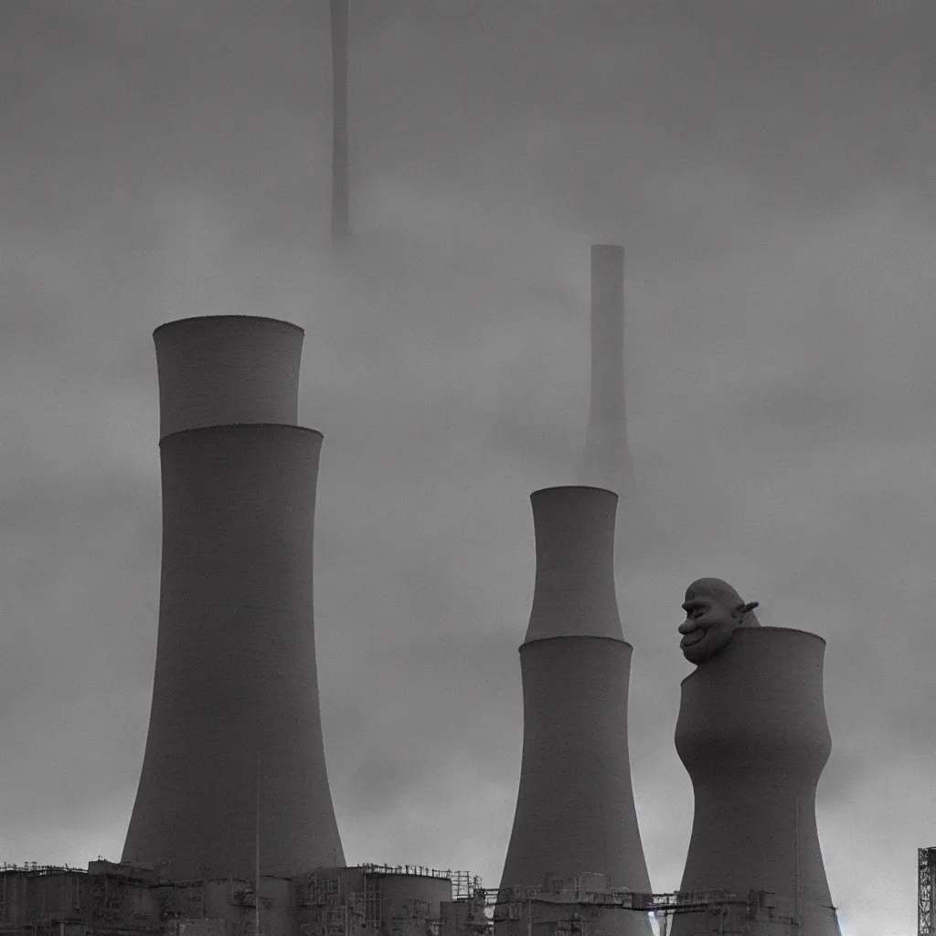 Prompt: Shrek observing Chernobyl nuclear power plant, realistic, black and white, soviet union