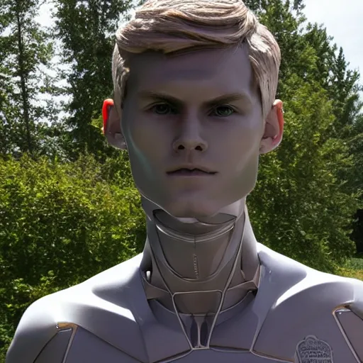 Image similar to a realistic detailed photo of a guy who is an attractive humanoid who is half robot and half humanoid, who is a male android, soccer player martin ødegaard, shiny skin, posing like a statue, blank stare, by the pool, on display, showing off his muscles, humanoid robot, frozen ice statue