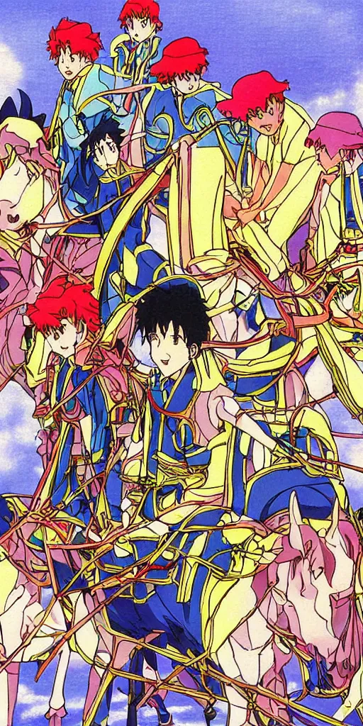 Image similar to a chariot drawn by horse in japan, 1990s anime, full color,