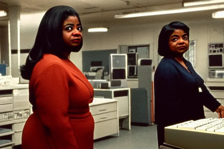 Image similar to cinematic screenshot of octavia spencer in a used electronics store standing in front of an old keyboard, iconic scene from the paranoid sci fi thriller film directed by stanley kubrick, apartment set in the near future, cinematic shot with anamorphic lenses, color theory, apartment design, leading lines, photorealistic, volumetric lighting