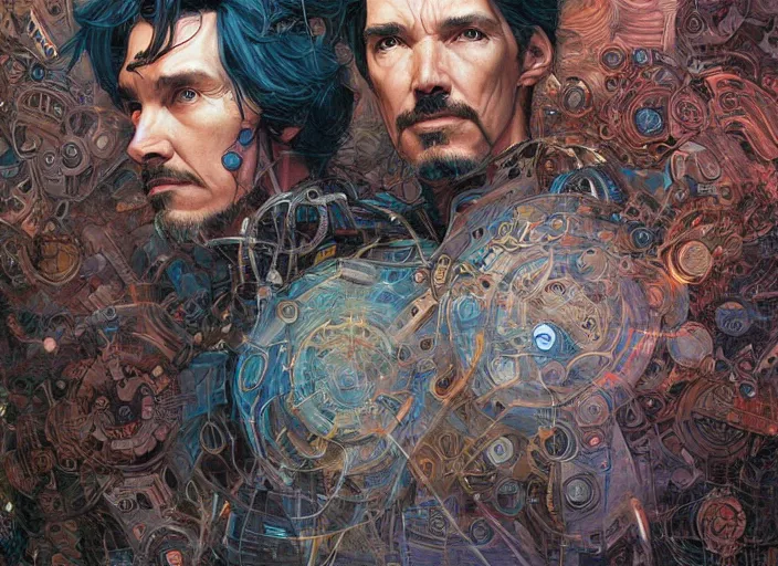 Prompt: a highly detailed cyberpunk portrait of stephen strange, james gurney, james jean