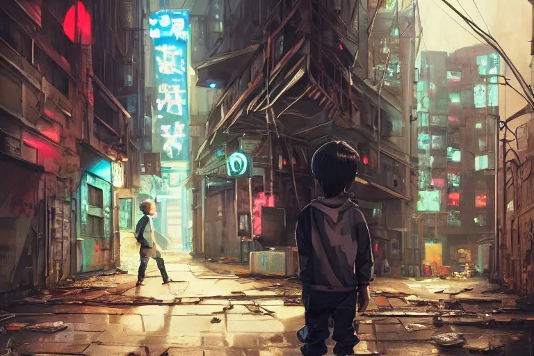 Prompt: a highly detailed contemporary painting of a tiny boy in a Jumpsuit standing in a dark alley, abandoned buildings with graffiti, a nightclub with neon sign, menacing skyline by Studio Ghibli, Makoto Shinkai, by Artgerm, by WLOP, by Greg Rutkowski, volumetric lighting, cyberpunk, octane render, 4K resolution, trending on artstation, masterpiece