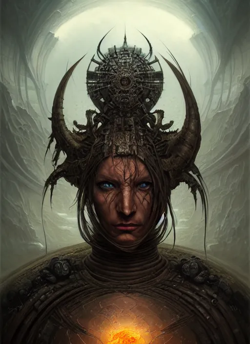 Image similar to portrait shot of dark evil ancient warrior in a scenic dystopian environment, intricate, elegant, highly detailed, centered, digital painting, artstation, concept art, smooth, sharp focus, illustration, artgerm, tomasz alen kopera, peter mohrbacher, donato giancola, joseph christian leyendecker, wlop, boris vallejo