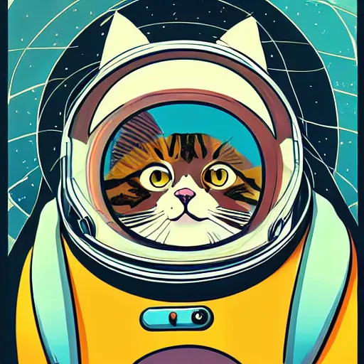 Prompt: symmetrical reflections, cat in space helmet by Eli Mendelson and Jenn Martin james gurney artstation trending artist in the style of studio Ghibli and 1960s americana Comics, HQ 8k scan