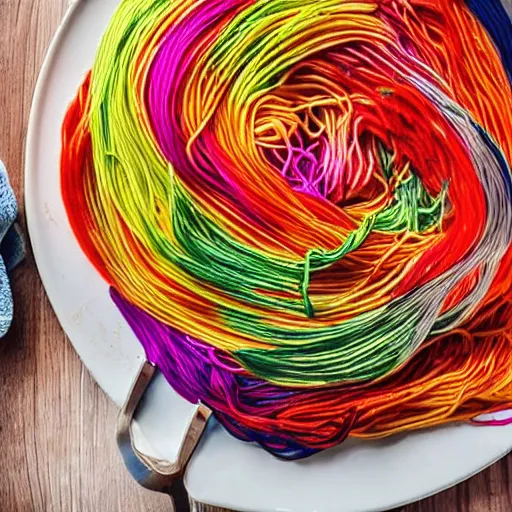 Image similar to italian chef cooking a plate of colorful yarn like spaghetti