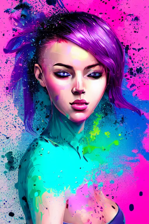 Prompt: a award winning half body portrait of a beautiful woman in a croptop and cargo pants with ombre purple pink teal hairstyle with head in motion and hair flying by artgerm, paint splashes, splatter, outrun, vaporware, shaded flat illustration, digital art, trending on artstation, highly detailed, fine detail, intricate