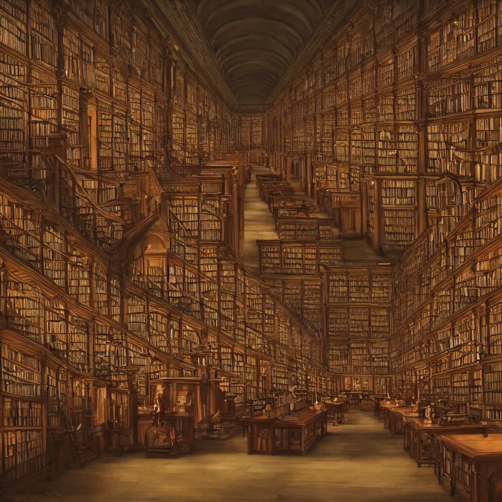 Prompt: Painting of Trinity College library. Realism. Extremely detailed. 4K. Cinematic lighting.