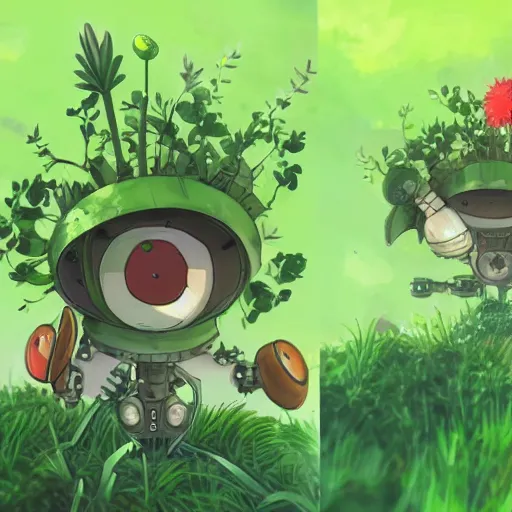 Image similar to cute robot made of plants wearing tomato hat and a chive sword, made in abyss style