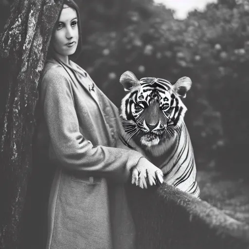 Image similar to woman from rising silent posing with a tiger in a garden, 1 9 2 0 s photography, trending on unsplash, black and white photography, intricately defined, complexly detailed, 4 k photorealism, golden ratio!!!!!, centered!!!!!