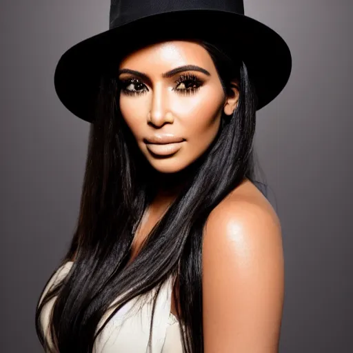 Image similar to studio photo of kim kardashian wearing a fedora, professional photo, close up, studio lighting, high quality