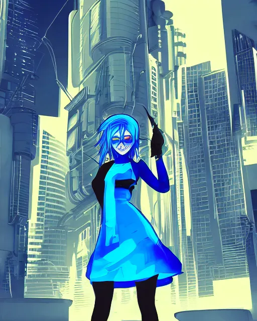 Image similar to cel shaded art of a pretty blue haired girl wearing a dress, cyberpunk city street background