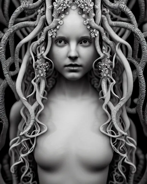 Image similar to mythical dreamy underwater artistic black and white 3 d render of a translucent beautiful young female angelic - medusa - vegetal - doll, highly detailed, intricate crystal ivy jelly ornate, poetic, translucent algae ornate, digital art, octane render, 8 k artistic photography, photo - realistic, hg giger flora borsi